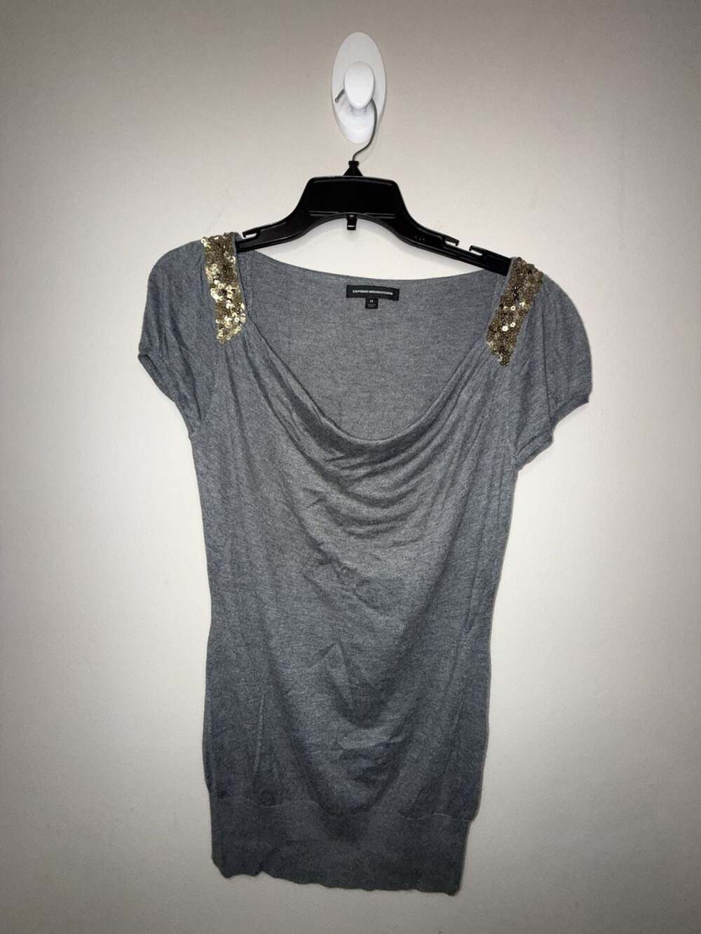 Express Design Studio Gray Sequin Shoulder Cowl Neck Sweater Size M